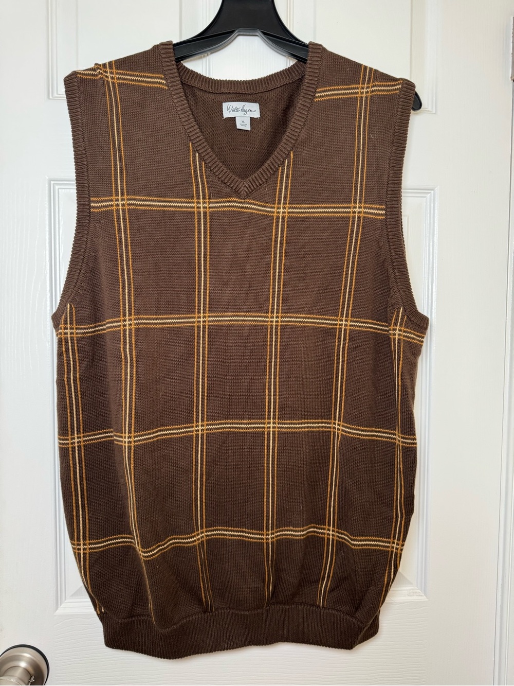 Walter Hagen Brown V-Neck Sweater Vest with Gold Windowpane